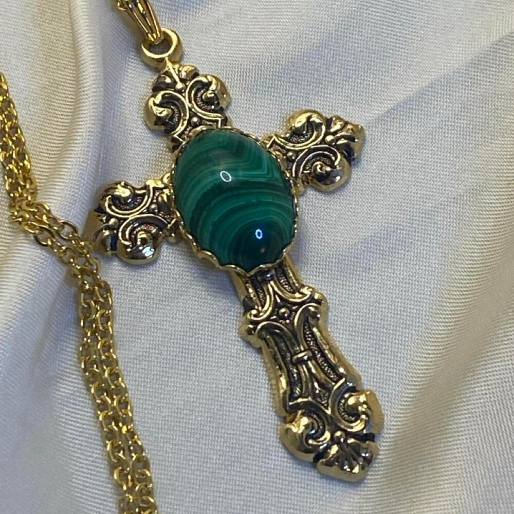 Vintage Malachite Cross Pendant Necklace Ornate Gold Tone 18K Gold Plated Chain